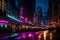 Neon-lit cityscape at night with towering buildings