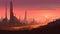 A neon-lit desert city in a distant future, with towering spires and winding canals.