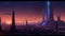 A neon-lit desert city in a distant future, with towering spires and winding canals.