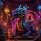 A neon-lit dragon guarding a treasure trove of digital artifacts2