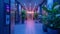 Neon-lit foyer entrance in urban setting creates intriguing and welcoming ambiance