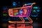 Neon-lit label: shopping cart in speech bubble, capturing vibrant retail communication.