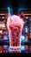 Neon-lit milkshake emblem, a beacon of cool refreshment in bustling urban scenes.