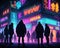 Neon-Lit Street with Silhouetted Figures. Illustration created with Generative AI