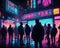 Neon-Lit Street with Silhouetted Figures. Illustration created with Generative AI