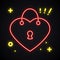 Neon lock sign. Light padlock symbol. Safety, secret, privacy, protection theme. Bright heart shape.