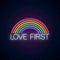 Neon Love first text and LGBT rainbow. Pride sign design template, LGBT logo, design in neon style