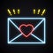 Neon love letter envelope sign. Bright light heart shape.