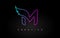Neon M Letter Logo Icon Design with Creative Wing in Blue Purple Magenta Colors