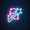 Neon magic wand icon. Label of illusionist show, performance, entertainment event. Interface, setting and game element