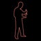 Neon man with saucepan scoop ladle Kitchen utensil Crack for soup in his hands preparing food Male cooking use sauciers red color