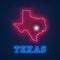 Neon map State of Texas on dark background.