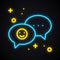 Neon message sign. Bright speech bubble with smile. Light conversation chat dialog.