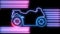Neon motorcycle on road animation. Led, colorful light of outline bike, racer, rider, chopper, freedom and travel concept. Retro m