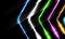 Neon multicolor arrows on black background. Glowing geometric arrows shapes with shining effects.