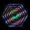 Neon multicolor hexagon on black background. Glowing honeycomb geometric shapes with shining effects.