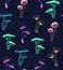 Neon mushrooms handrawn pattern vector
