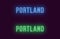 Neon name of Portland city in USA. Vector text
