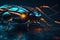 Neon Nightcrawler: Close-Up of High-Tech Cyborg Insect Glowing in Neon Colors