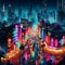 Neon Nights: AI Generated View of Downtown City Skyline Aglow