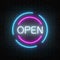 Neon open 24 hours and 7 days in circle frames sign on a brick wall background. Round the clock working store