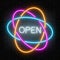 Neon open 24 hours in circle frames like planetary model sign on a dark brick wall background.