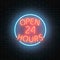 Neon open 24 hours sign on a brick wall background. Round the clock working bar or night club signboard with lettering.