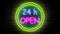 Neon open 24h sign animation on brick wall background. Open sign seamless looping.