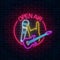 Neon open air sign with guitar, microphone and piece gesture in round frame. Live music in open air icon.