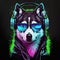 Neon party Husky dog in headphones on black background. Generative AI
