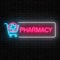 Neon pharmacy glowing signboard with medical cross in shopping cart on brick wall background.