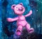 Neon pink bear flying in cosmos smiling and looking up into the sky. Hand drawn watercolor painting with teddy bear