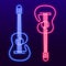 Neon pink blue light lamp continuous line drawing of acoustic guitar vector. Musical instrument single line for