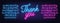 Neon pink and blue script font. Glowing alphabet with letters, numbers and special characters.