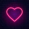 Neon pink heart. Night neon signboard on brick wall background with backlight. Retro red neon heart sign. Romantic