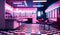 Neon pink retro diner interior with bar stools end checkerboard floor