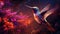 A neon pink space hummingbird hovering in front of a glowing neon orange nebula, sipping cosmic nectar by AI generated