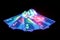 Neon poker chips and cards, hologram casino products. Winning, casino advertising template, gambling, vegas games, betting. 3D