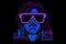 neon portrait of a girl with glasses. Neural network AI generated