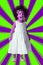 Neon portrait of a preschool cheerful girl full length. Kid on geometric background