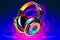 Neon psychedelic 1980\\\'s wired headphones.