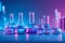 Neon purple glass flask in blue research chemistry or medical lab. Laboratory glassware, test tube and beaker