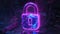 Neon purple padlock with blue highlights in a mystical forest setting.