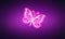 Neon purple pink glowing butterfly on dark violet background