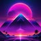 neon purple sunset forms backdrop of this The illustration features futuristic