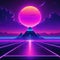 neon purple sunset forms backdrop of this The illustration features futuristic