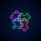 Neon puzzle pieces. Glowing neon icon of logical concept. Thinking game symbol
