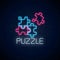 Neon puzzle pieces. Solve puzzle game. Glowing neon icon of logical concept. Thinking game symbol