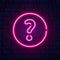 Neon question mark. Glowing pink question sign. Color neon banner on brick wall. Realistic bright night signboard