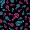 Neon question mark seamless pattern with pink and blue icons on black background. Quiz, interrogation, problem, faq concept. Night